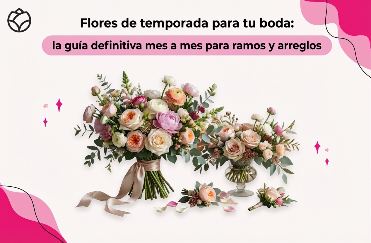 Texto: "flores de temporada para tu boda: guía definitiva mes a mes para ramos y arreglos" ramo de flores con un lazo y un arreglo floral.