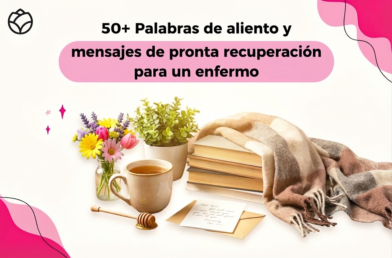 texto: "50+palabras de aliento y mensajes de pronta recuperación para un enfermo" una planata en una maceta, un florero con flores, una taza de infusión con miel, una carta, unos libros y una manta
